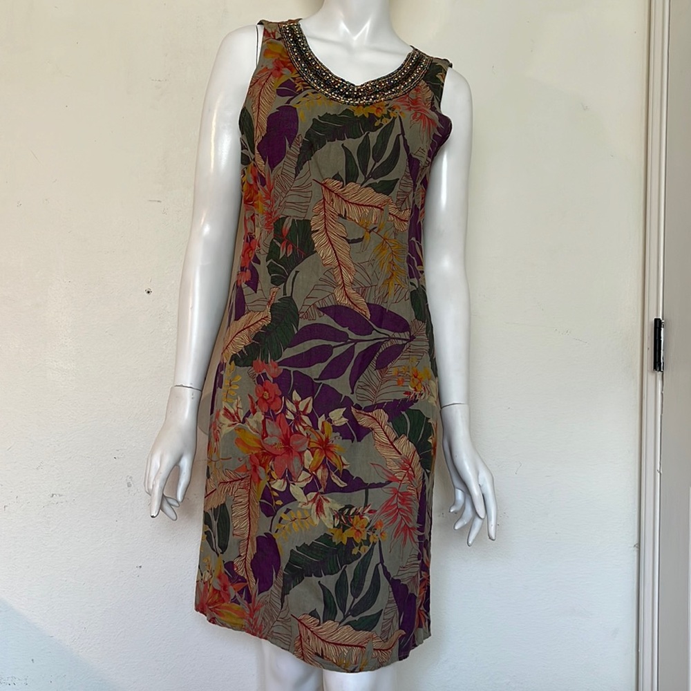 Lina Tomei 100% Linen Dress Size M Beaded Sleeveless  Floral MADE IN ITALY